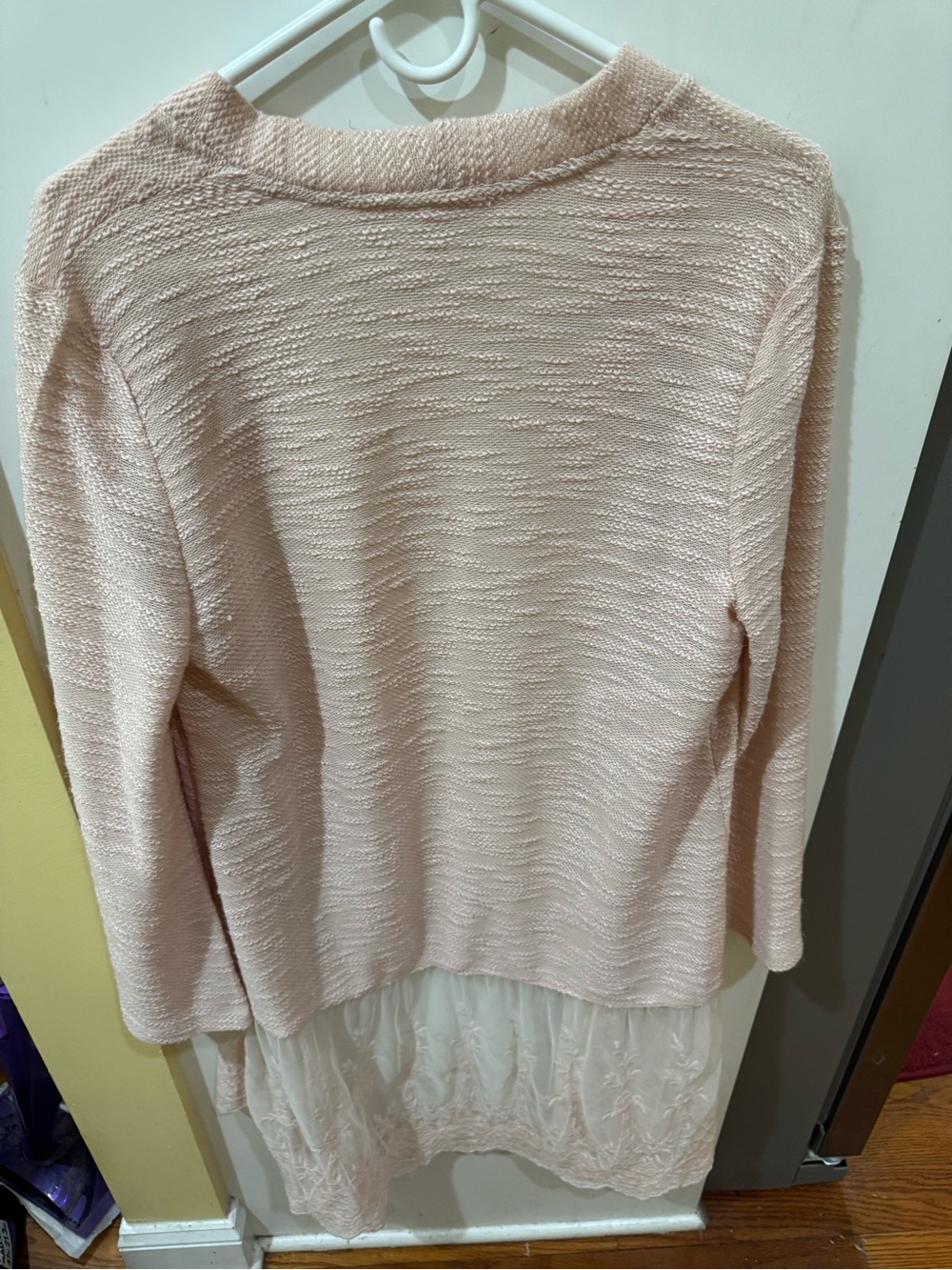 Light Blush Open-Front Knit Cardigan with Lace Trim - Picture 6 of 6